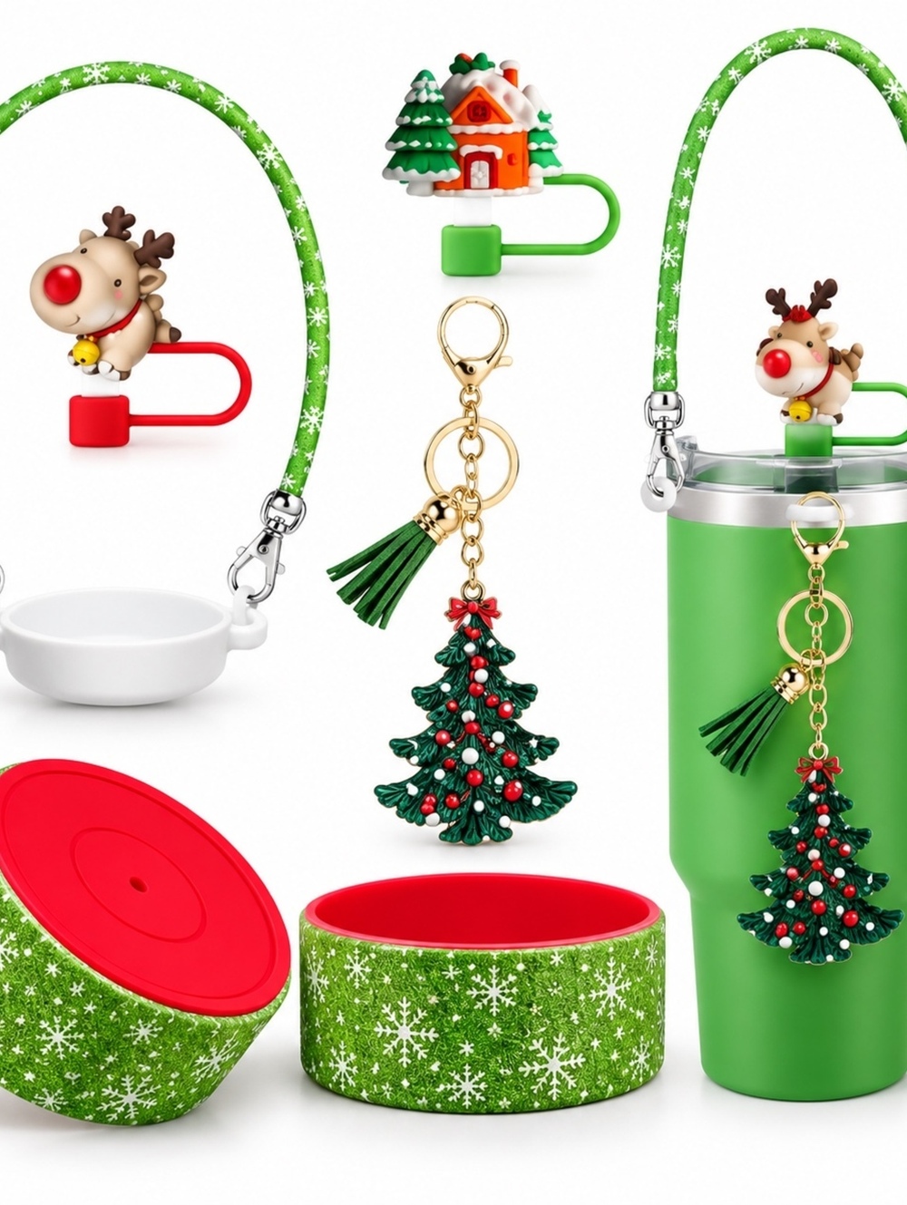 Christmas Themed Drinkware Set with Reindeer and Tree Decorations